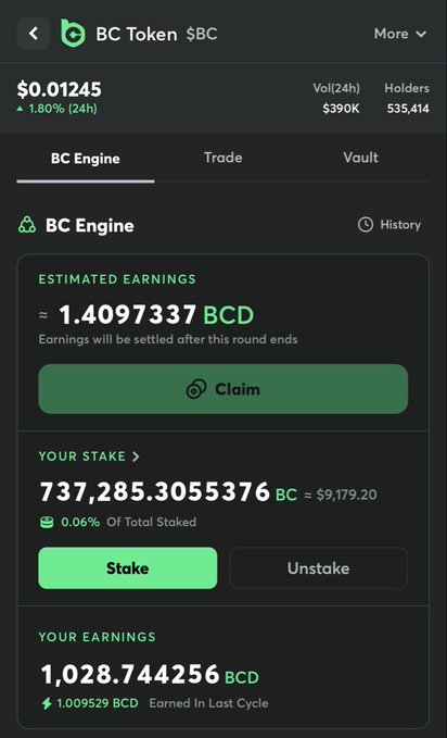 A cryptocurrency app screen for BC Token ($BC) shows a price of $0.01245, a stake of 737,285.3055376 BC, and estimated earnings of 1.4097337 BCD with Claim, Stake, and Unstake buttons.