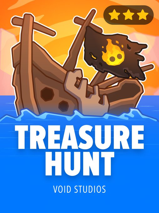 Mobile game promotional graphic for 'TREASURE HUNT' by Void Studios, featuring a cartoon sunken shipwreck with a flaming skull-and-crossbones flag, three stars at the top right, and the developer name below the title.