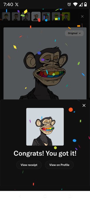 A mobile app screenshot displays a successful transaction with confetti effects, showing the message 'Congrats! You got it!' below an NFT image of a monkey with rainbow teeth.