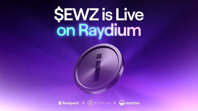 A purple promotional graphic announces "$EWZ is Live on Raydium" above a metallic token emblem with an "i" logo, matching the announcement about the iShares MSCI Brazil ETF ($EWZ) now trading 24/7 on Solana via Sunrise, with logos for Backpack, Raydium, and Sunrise displayed at the bottom.