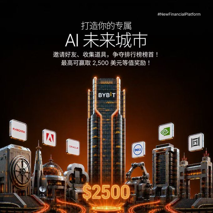A promotional poster for Bybit's "Build Your AI Future City" campaign (#NewFinancialPlatform), featuring a futuristic cityscape with illuminated skyscrapers representing AI companies like NVIDIA, SanDisk, Marvell, Oracle, Dell, and Adobe, offering up to $2,500 in rewards for inviting friends and collecting items.