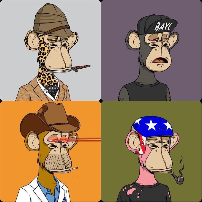 Four stylized Bored Ape Yacht Club (BAYC) NFTs are displayed in a 2x2 grid, each with distinct traits—one in a trench coat smoking a cigar, one in a black cap with "BAYC" text, one in a cowboy hat with laser eyes, and one in an American flag bandana smoking a pipe—greeting the "ape squad" community on a weekend check-in.