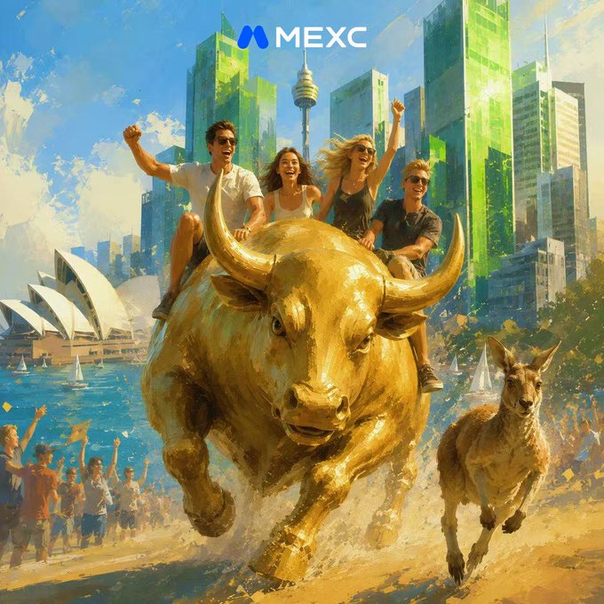 A vibrant, painterly illustration shows four joyful people riding a massive golden bull charging through Sydney, with the Opera House, harbor, and skyline in the background, alongside a kangaroo and cheering crowd; the MEXC logo appears at the top.
