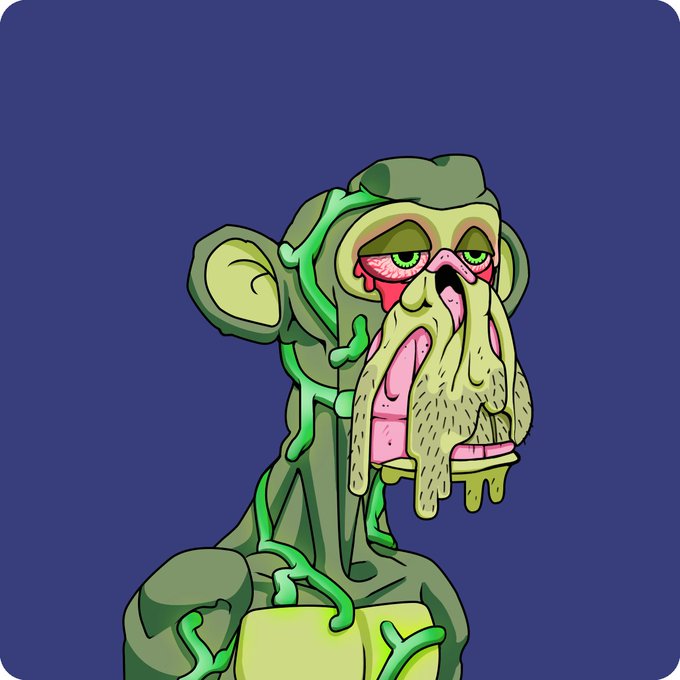 A stylized, cartoonish illustration of a green Bored Ape-style character with a pink, multi-tentacled beard and red eyes set against a solid blue background.