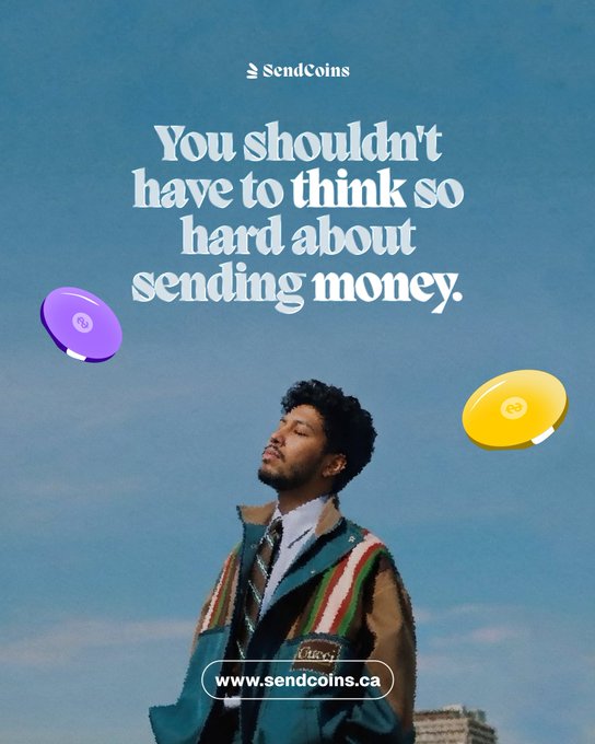 An advertisement for SendCoins with the text "You shouldn't have to think so hard about sending money," featuring a young man looking at a purple coin floating in the air, with the URL www.sendcoins.ca.