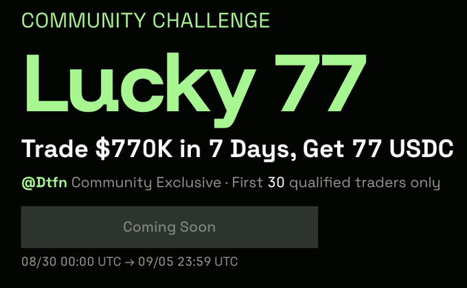 A promotional graphic for a 'COMMUNITY CHALLENGE' called 'Lucky 77,' offering 77 USDC for trading $770K in 7 days, with dates '08/30 00:00 UTC → 09/05 23:59 UTC' and a 'Coming Soon' button.