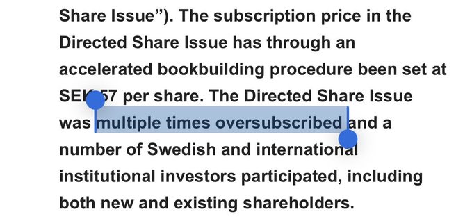 This image shows text describing a Directed Share Issue set at SEK 57 per share, which was "multiple times oversubscribed" by institutional investors. This directly supports the post's announcement of $SIVE's successful 700 million SEK raise.