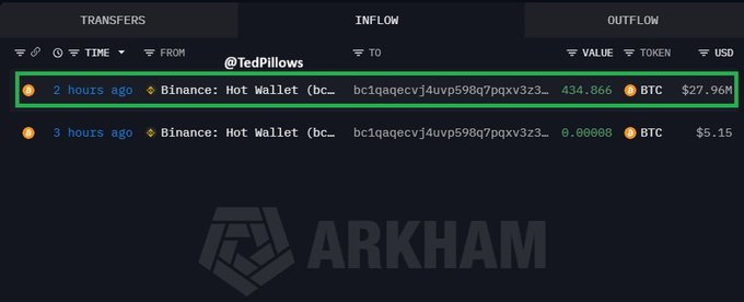 A dark-themed Arkham Intelligence interface displaying Bitcoin transfer transactions from '@TedPillows' to a 'Binance: Hot Wallet', including recent transfers of 434.866 BTC ($27.96M) and 0.00008 BTC ($5.15).