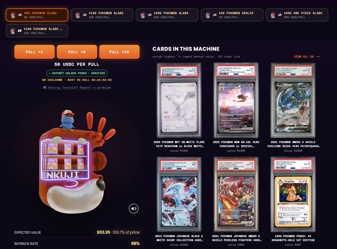 A screenshot of an Inkuji vending machine website selling Pokemon slabs and sealed products, showing various Pokemon cards in PSA slabs with pull options and a cartoon ink machine mascot.