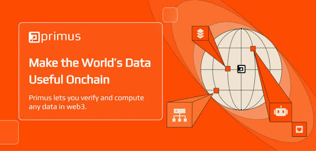 A promotional image with a vibrant orange background featuring the "primus" logo, the headline "Make the World's Data Useful Onchain," and a subtitle stating "Primus lets you verify and compute any data in web3," alongside a graphic of a globe surrounded by floating orange icons. The visual reinforces the post's message by highlighting Primus's role in delivering verifiable, privacy-focused data solutions that complement BNB Chain's expanding ecosystem beyond DeFi into tokenized assets and stablecoins.