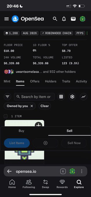 A mobile browser screenshot of OpenSea displaying the 'novas' NFT collection with a floor price of $10.00 and a sell option menu open.