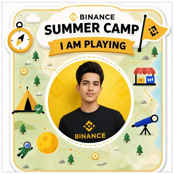 A Binance Summer Camp graphic with the text 'I AM PLAYING' shows a young man in a black Binance t-shirt surrounded by cartoon illustrations of tents, trees, coins, and camping equipment.