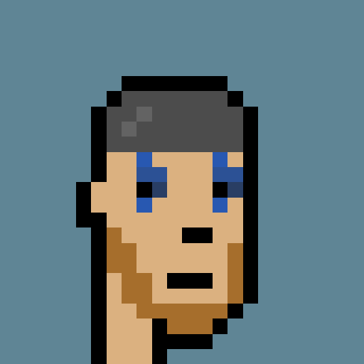 A pixel art portrait of a character with short dark hair and striking blue eyes against a blue background.
