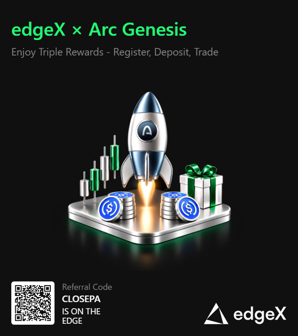 A promotional graphic for 'edgeX x Arc Genesis' offering 'Triple Rewards - Register, Deposit, Trade,' featuring a rocket, coins, and a referral code 'CLOSEPA'.