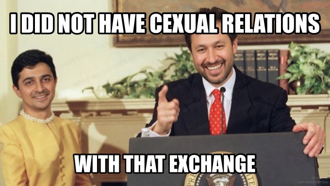 A 'sol.now//memes' meme featuring Tony Shalhoub and Paul Reiser from the TV show Monk, with text reading 'I DID NOT HAVE CEXUAL RELATIONS WITH THAT EXCHANGE' as a crypto joke about centralized exchange denials.