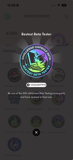 Mobile app achievement screen showing 'Bestest Beta Tester' badge (ID: 13155897976) on the Challenge Capsule Beta platform, noting 4386 achievements points.