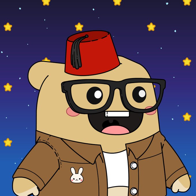 A cartoon bear wearing a red fez, oversized black glasses, and a brown jacket with a bunny pin stands against a starry night sky, gazing upward in wonder. The character's hopeful upward look and the cosmic backdrop capture the post's sentiment of dreaming big and "reaching for the stars."