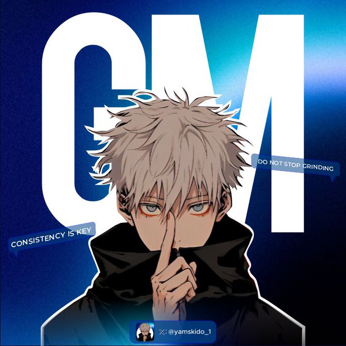An anime-style character with white hair and red eyes shushes the viewer in front of large 'GM' letters, with text reading 'Consistency is key' and 'Do not stop grinding,' credited to X: @yamskido_1.
