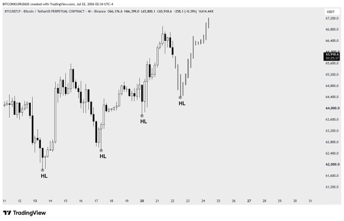 A TradingView chart of BTCUSDT perpetual contract on Binance (4H timeframe) showing price action around 65,919.40 with multiple Higher Lows (HL) marked at approximately 61,600, 63,200, 63,900, and 64,200, illustrating the bullish market structure described in the post ahead of an expected dump for a final HL before a rally above 67k.