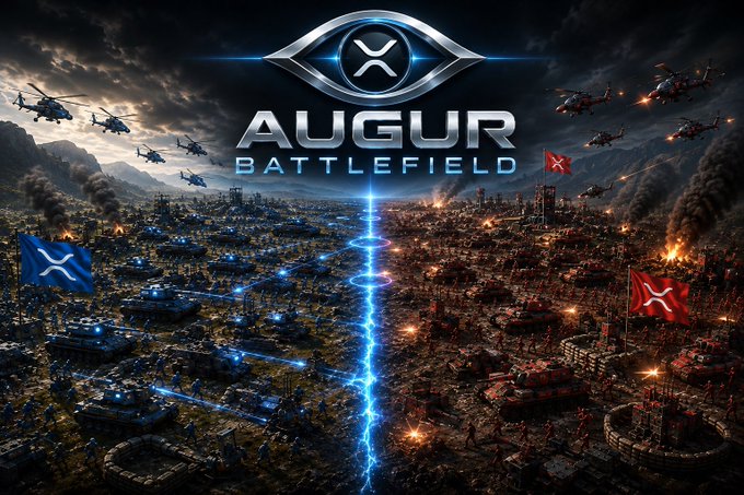 A promotional graphic for 'AUGUR BATTLEFIELD' showing a divided battlefield with tanks, helicopters, and armies clashing under a large eye logo.