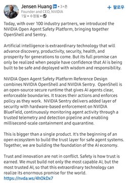 A screenshot of a social media post by Jensen Huang discussing NVIDIA's new Open Agent Safety Platform.
