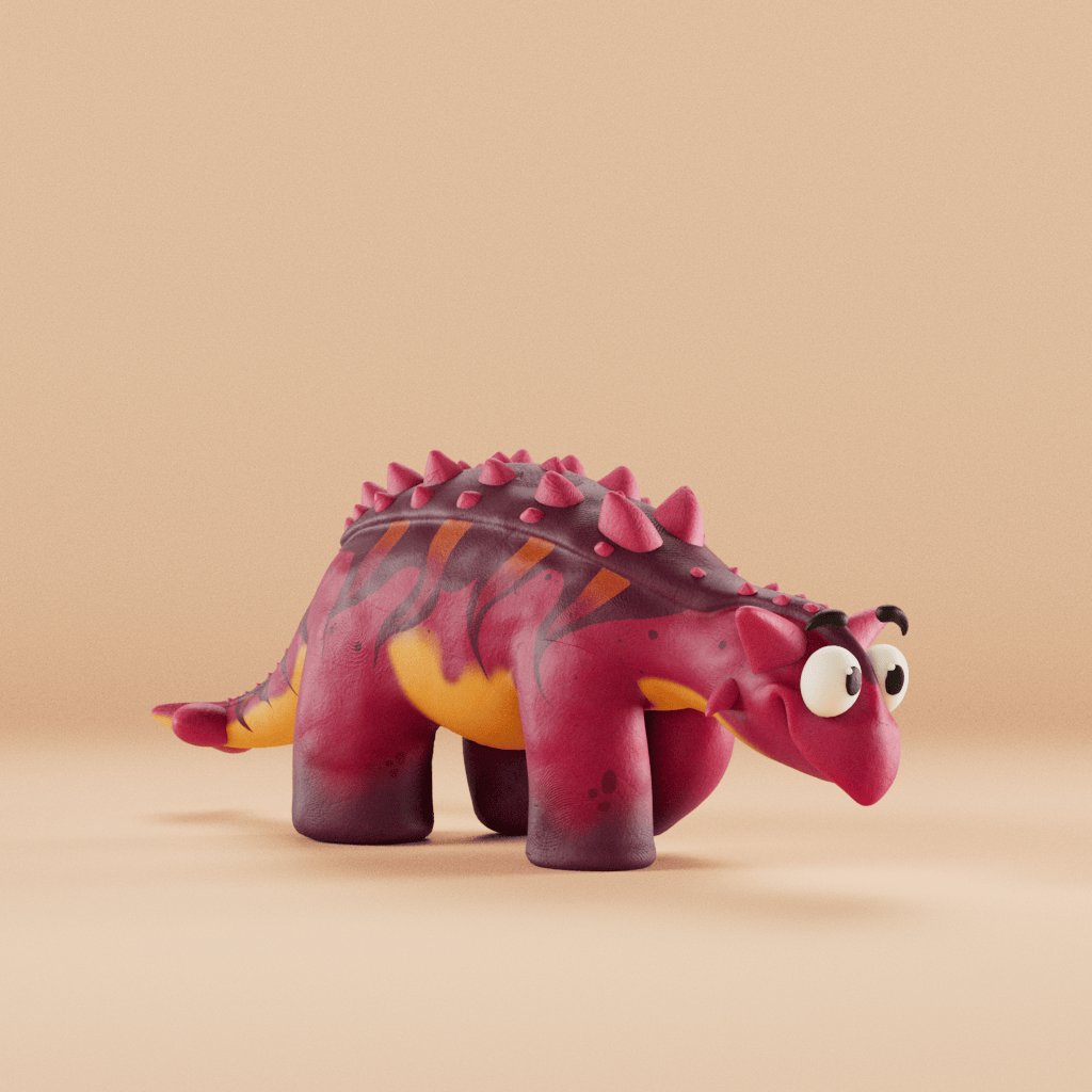 The image features a small, colorful dinosaur figurine with red and orange hues, standing upright against a beige background. It has a pink body, yellow legs, and a large head adorned with spikes. The dinosaur appears to be posed for a photo or drawing, showcasing its vibrant colors and unique design.