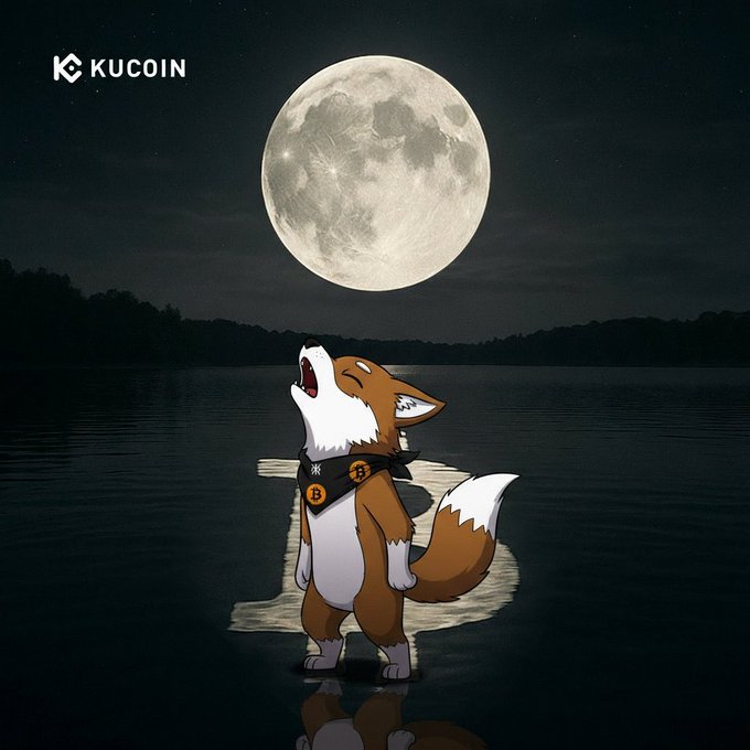 The image features a cartoon fox standing on its hind legs, looking up at the moon with its mouth open as if howling. The fox appears to be wearing a black bandana around its neck. In the background, there's a full moon visible against the dark sky. Below the fox, there is text that reads "@kucoincom Formally asking @lobothewolfpup".