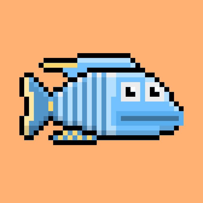Pixel art of a blue spacecraft or tank-like vehicle with vertical stripes and a small fin on top against a peach background.