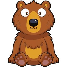 A cartoon illustration of a brown bear cub with a yellow belly, big round eyes, and paw pads visible, sitting facing forward.