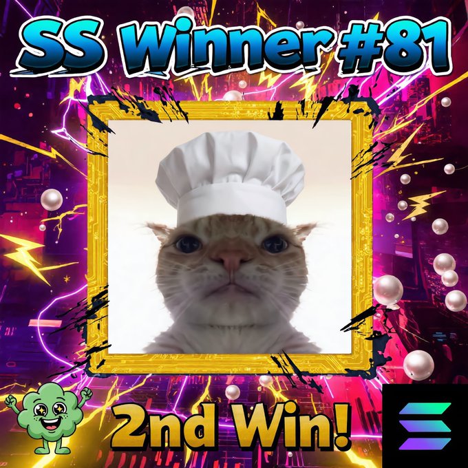 The image celebrates "SS Winner #81" with text announcing a "2nd Win!" and features a cat wearing a white chef's hat framed in a gold border, fitting the social media giveaway post for @gm_memez's "Smurf Spotlight V2" contest on Day 81.