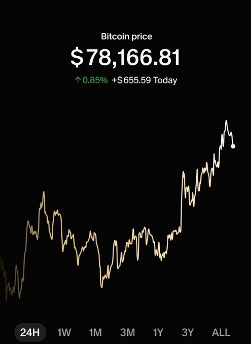 A Bitcoin price chart showing BTC at $78,166.81, up 0.85% (+$655.59) today on a 24H view.