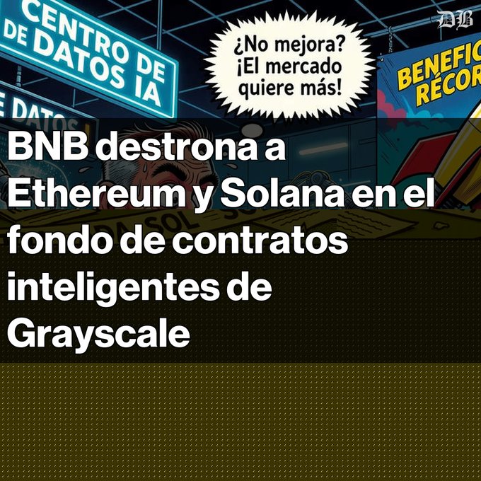 A Spanish-language graphic/poster featuring comic-book style art and text reading 'BNB destrona a Ethereum y Solana en el fondo de contratos inteligentes de Grayscale,' with speech bubbles saying 'CENTRO DE DATOS DE IA' and '¿No mejora? ¡El mercado quiere más!'.