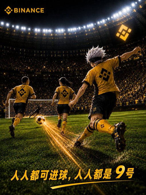 The image shows a Binance-branded promotional poster featuring three soccer players in yellow Binance jerseys running on a stadium field, with the main player kicking a soccer ball that leaves a golden trail, accompanied by the Binance logo and Chinese text reading "人人都可进球,人人都是9号" (Everyone can score, everyone is #9). The poster symbolizes Binance's marketing message that anyone can succeed in the crypto space, tying into the post's narrative about Binance becoming the user's go-to exchange after navigating the challenges of the 519 market crash.