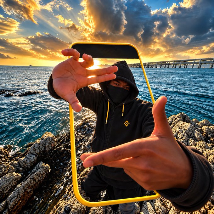 A person in a black hoodie and face mask holds up a yellow smartphone frame against a stunning coastal sunset, creating an illusion that the scenic view—complete with a distant bridge and ocean waves—is displayed on the screen, embodying the "Picture perfect" caption.