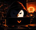 A dark, low-resolution animated image showing a shadowy hooded figure with glowing eyes peering at a laptop in a dimly lit, orange-hued room.