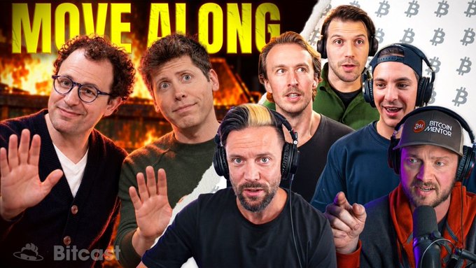 A Bitcast thumbnail titled 'MOVE ALONG' featuring a collage of several men, including some with Bitcoin motifs in the background.
