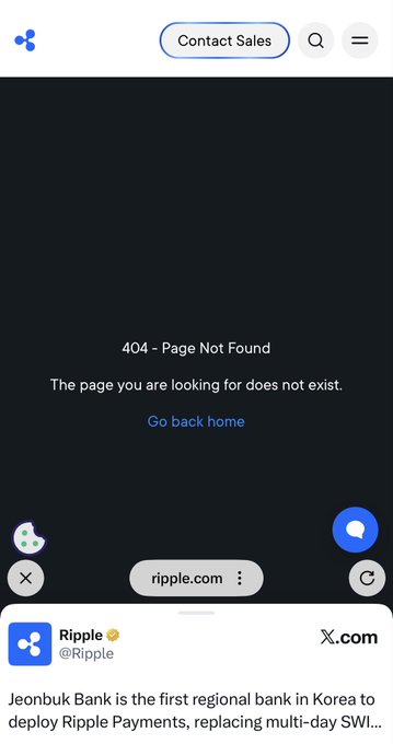 A screenshot of a 404 Page Not Found error on the Ripple website (ripple.com), with a tweet from @Ripple stating 'Jeonbuk Bank is the first regional bank in Korea to deploy Ripple Payments, replacing multi-day SWI…'.