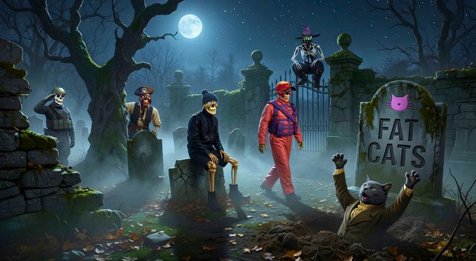 A spooky Halloween graveyard scene depicts zombie-like figures with skull and cat heads emerging from graves and tombstones under a full moon, with a prominent tombstone reading "FAT CATS" alongside a pink cat logo—visually bringing the post's #FatCats NFT collection on the FlareNetwork to life through undead imagery, while a cat rising from the ground in the foreground symbolizes the collection's revival and the competition for the top spot.
