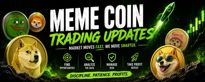 Promotional banner titled 'MEME COIN TRADING UPDATES' with tagline 'MARKET MOVES FAST, WE MOVE SMARTER. DISCIPLINE. PATIENCE. PROFITS.', featuring Dogecoin and Shiba Inu coin graphics with icons for finding opportunities, analyzing data, managing risk, and taking profits.