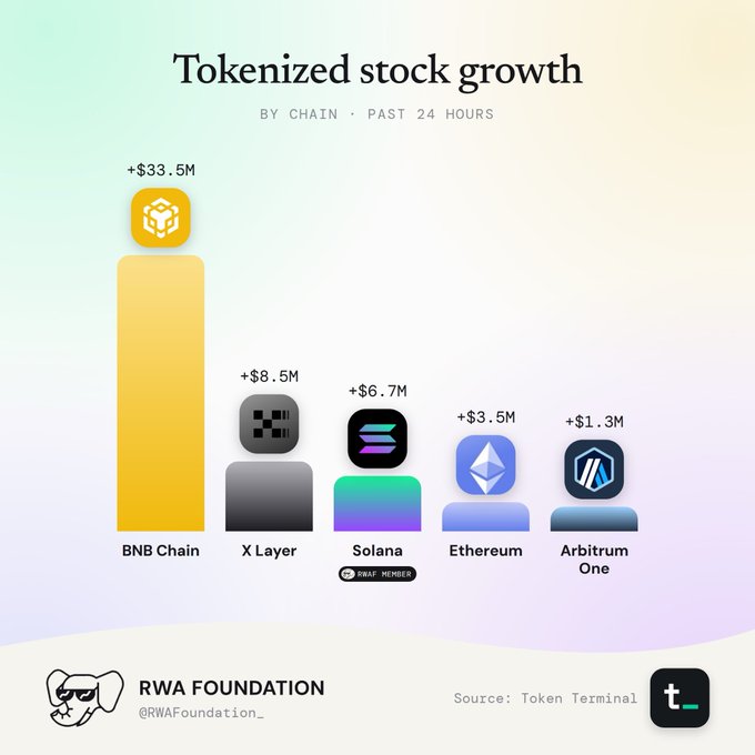 A chart titled 'Tokenized stock growth BY CHAIN · PAST 24 HOURS' showing BNB Chain leading at +$33.5M, followed by X Layer, Solana, Ethereum, and Arbitrum One.