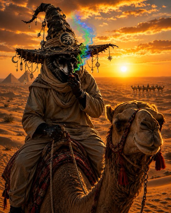 A fantasy digital artwork depicts a mysterious figure wearing a wide-brimmed wizard hat adorned with an Eye of Horus symbol, riding a camel through a desert at sunset with pyramids visible in the background and magical green smoke swirling near the figure's face.