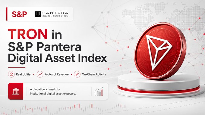 A promotional graphic announcing 'TRON in S&P Pantera Digital Asset Index', featuring the TRON logo and noting 'Real Utility', 'Protocol Revenue', and 'On-Chain Activity' as key metrics.