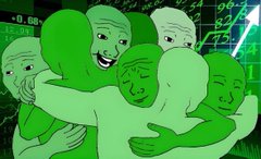 A cartoon image of multiple identical green smiling figures hugging each other with mathematical equations in the background.