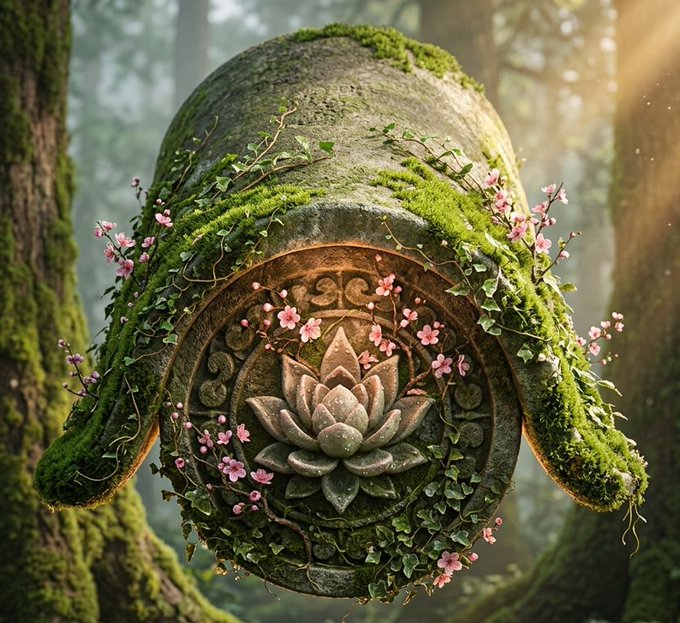 A digital fantasy artwork shows a moss-covered, rounded stone structure or helmet adorned with pink flowers and a carved lotus emblem, set in a sunlit forest environment.