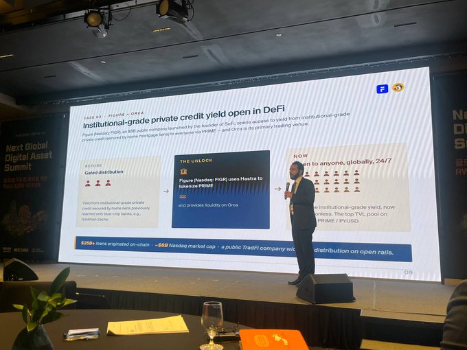 The image shows a man standing at a podium giving a presentation on stage during an event known as "Next Global Digital Asset Summit." He is positioned near the center of the stage, with a large screen behind him displaying information relevant to his talk. On the left side of the screen, there are some text elements and a table setup that might be part of his presentation.

In addition to the main speaker on stage, there are two people visible at the back and one person sitting in front of the screen, likely observing or taking notes. The overall atmosphere seems professional as the man delivers his speech to an audience engaged with the topic he is discussing.