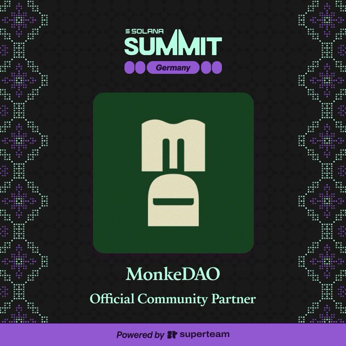 The image features a square poster with a green background, displaying an advertisement for the MonkeDao community partner event at the Solana Summit in Berlin, Germany. The text on the poster announces that the winners of the contest have been chosen, and they will be meeting next week to celebrate their victory.
