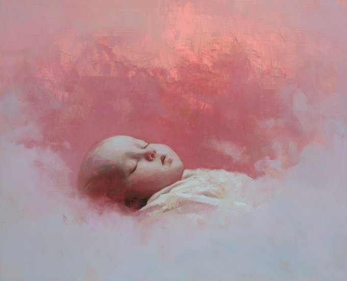 A classical-style oil painting depicts a sleeping newborn baby surrounded by soft pink and white clouds.
