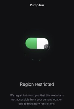 A dark Pump.fun webpage displaying a toggle switch and the message 'Region restricted' due to regulatory restrictions.