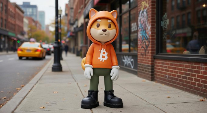 The image features a small, cartoon-like dog wearing an orange hoodie with the word "BET" written on it. The dog appears to be standing on a sidewalk next to a building, possibly a store or restaurant. The caption of the image reads "$DOG never left", which is likely a reference to the popular animated series "$DOG Never Left". This connection between the cartoon character and the post adds an interesting layer of humor and creativity to the image.