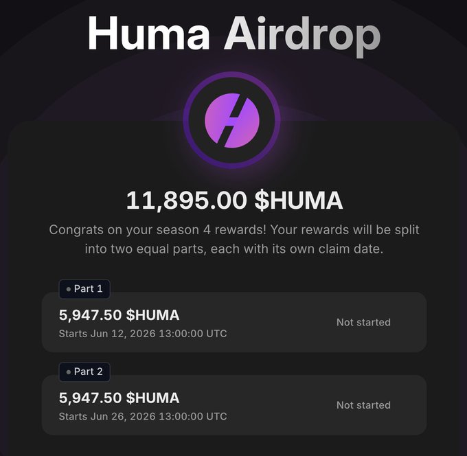 The image shows a closeup view of an email sent by Huma, providing details about its rewards for a crypto mining activity. The email highlights that users who participate in this activity will receive their reward in the form of cryptocurrency. It emphasizes that this is not a one-time claim but can be split into two equal parts, with each part receiving half of the reward. Furthermore, it mentions that users may have to wait for several weeks before they start to get their rewards. The email also includes information about the starting date and price of the currency being offered in Huma. Overall, it serves as a guide on how to use Huma's crypto mining service effectively.